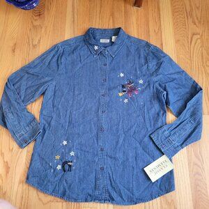 Classic Elements Halloween Cat & Witch Embroidered Denim Shirt Size 10 NWT